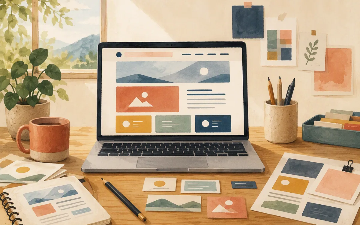 Hand-painted desk scene showing a generated website draft being refined with layout pieces.