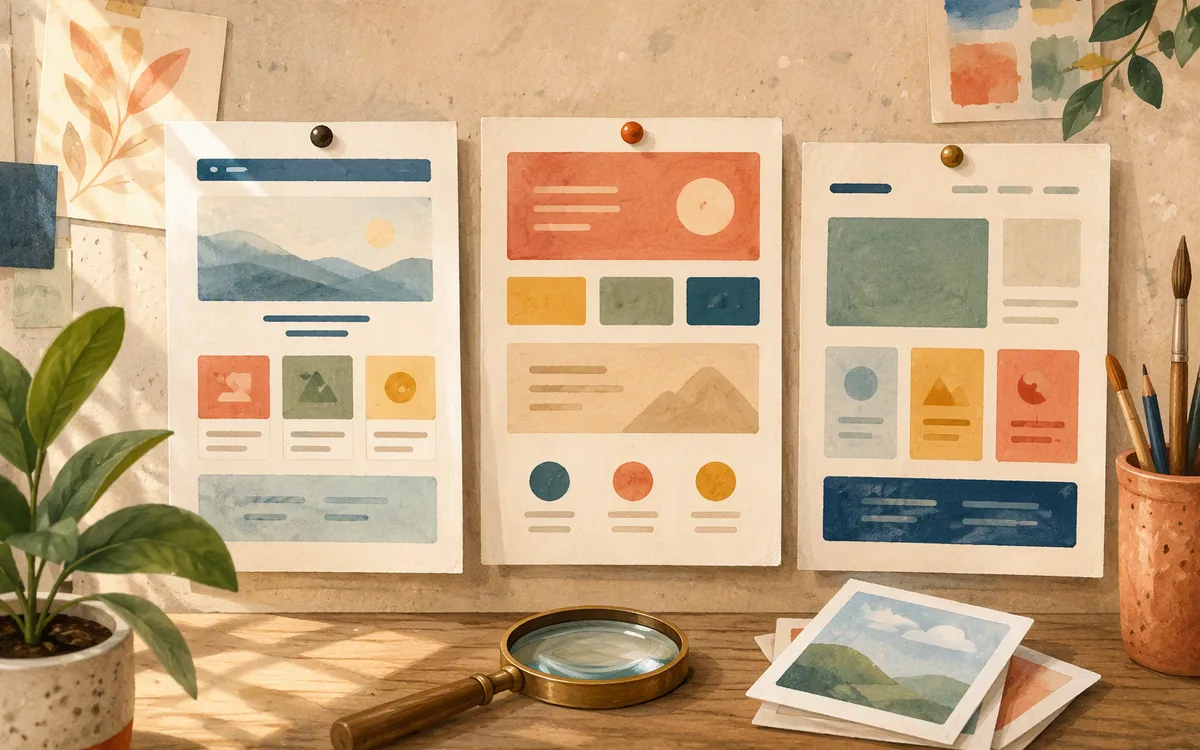 Hand-painted pinboard comparing three different website builder layout approaches.