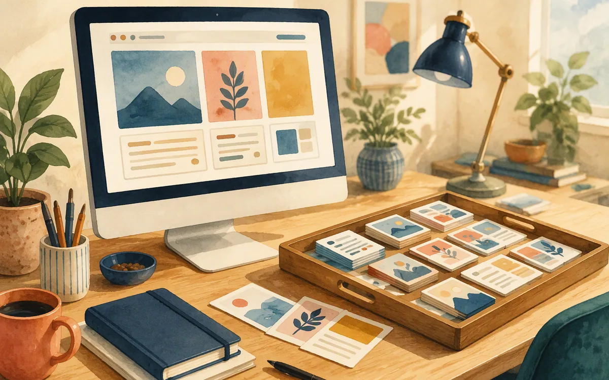 Hand-painted illustration of a page template and repeatable content cards on a desk.