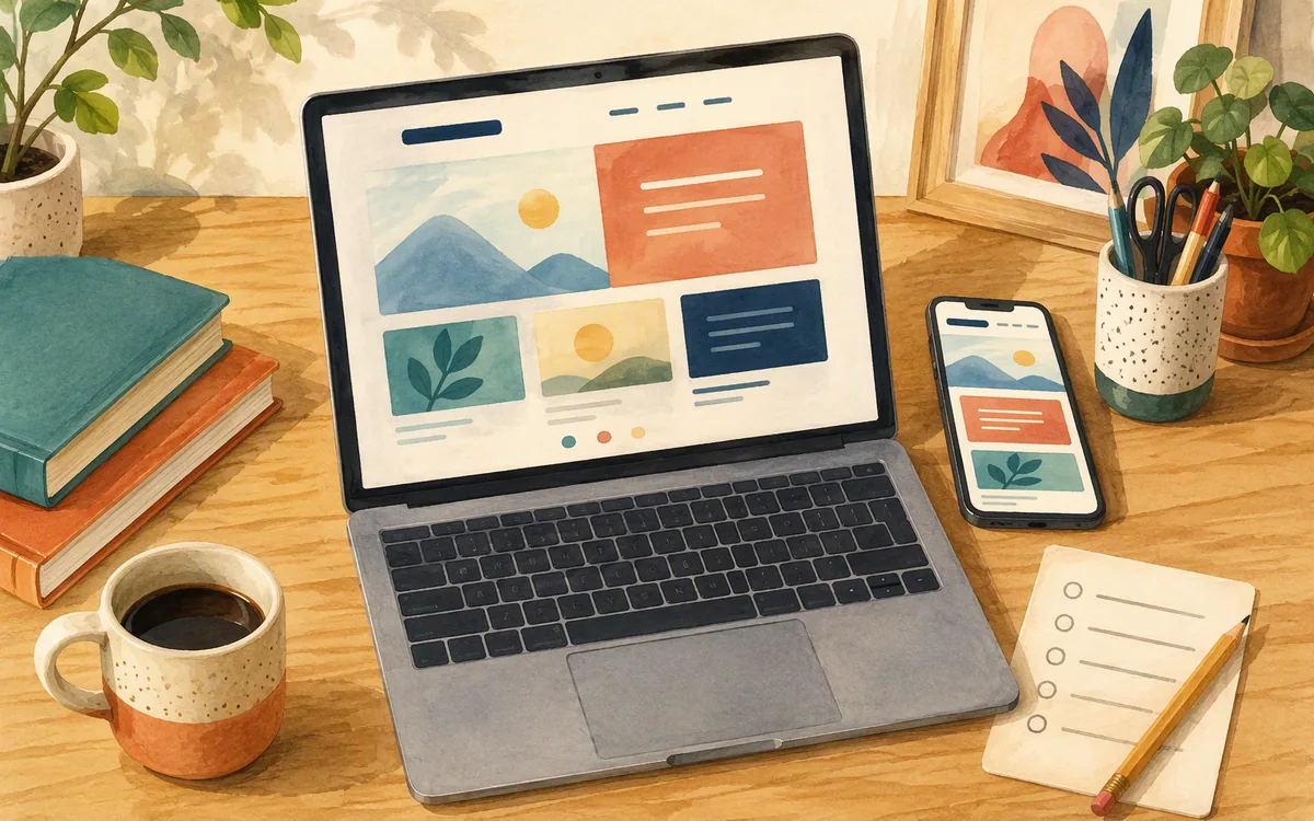 Hand-painted workspace showing desktop and mobile website layouts being reviewed before publishing.