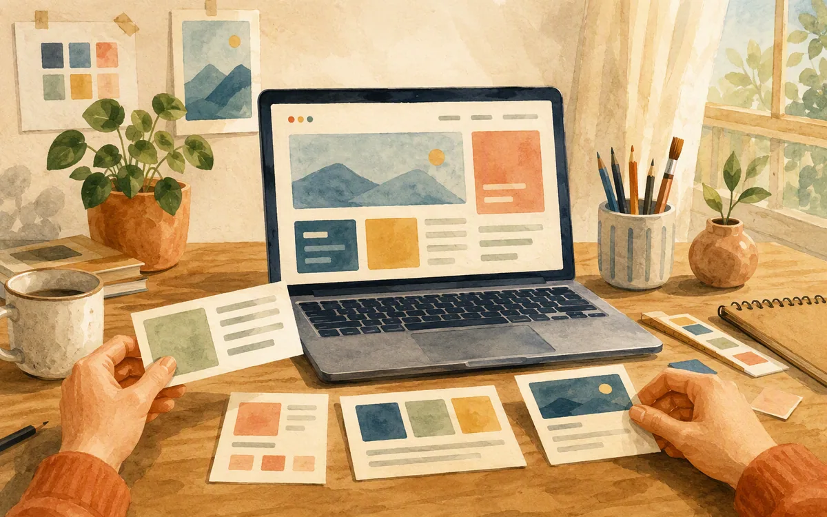 Illustration of a designer rearranging page layout cards beside a laptop showing a simplified website.