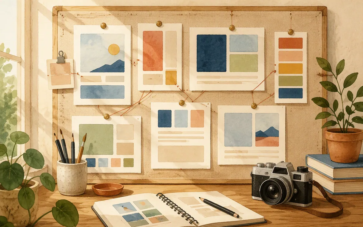Illustration of alternative website layout approaches arranged on a studio pinboard.