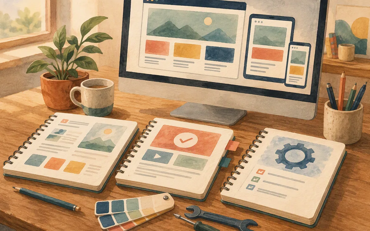 Illustration of a website planning desk with a monitor and tools for design, publishing, and maintenance.