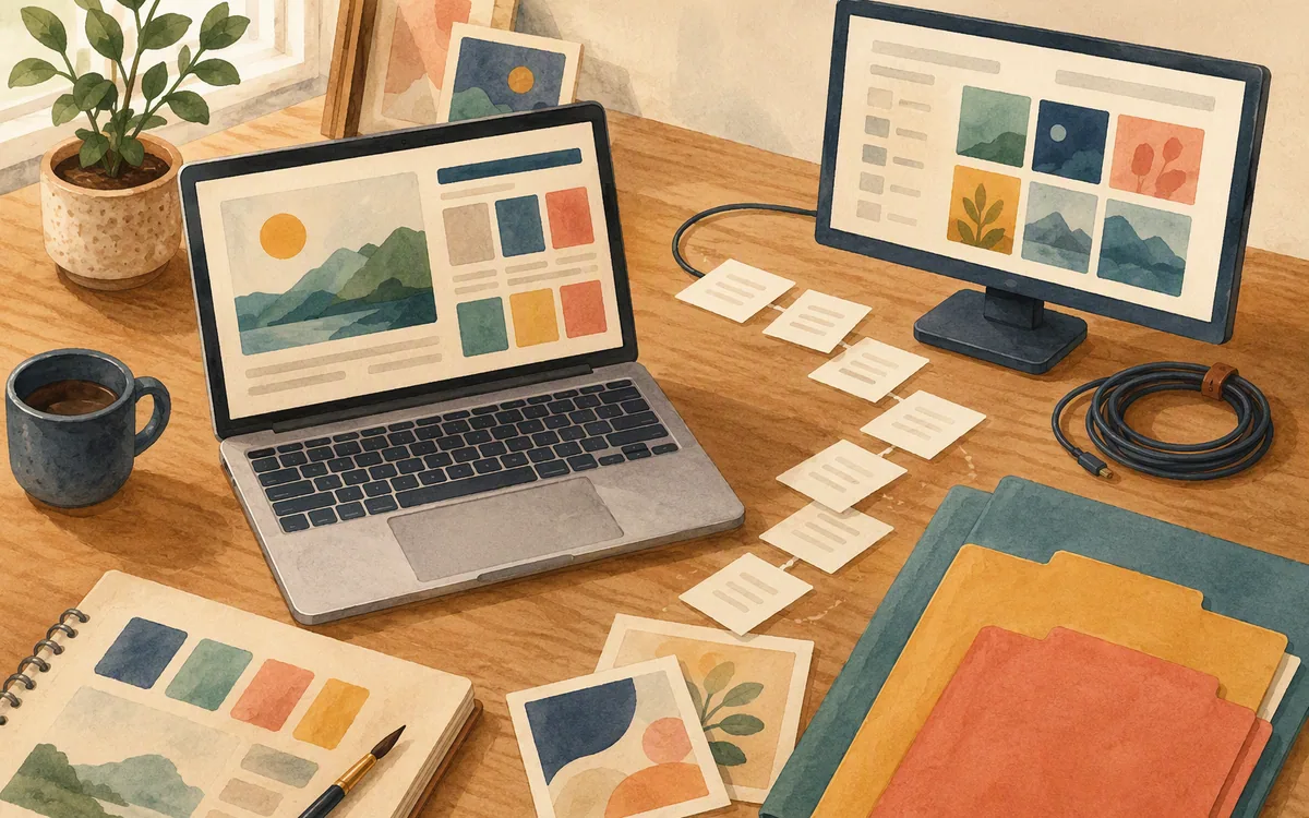 Illustration of website content and page assets being prepared for a site migration.