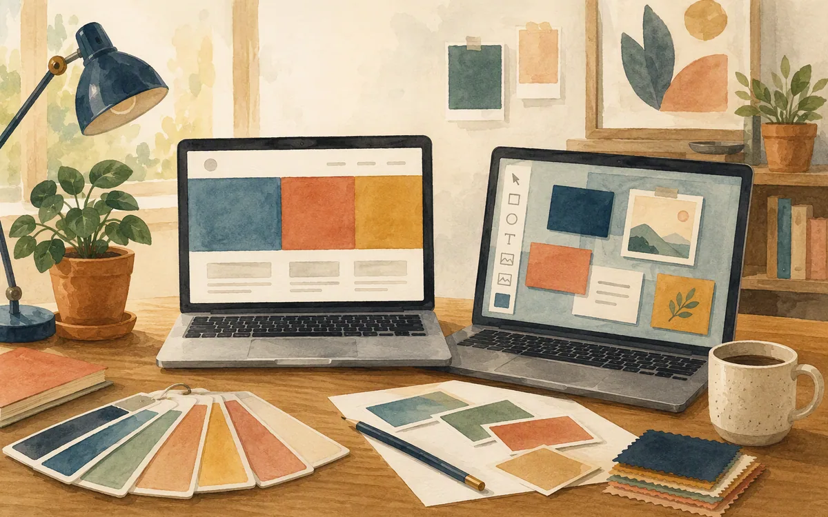 Editorial illustration of two website-building approaches shown on laptops at a studio desk.