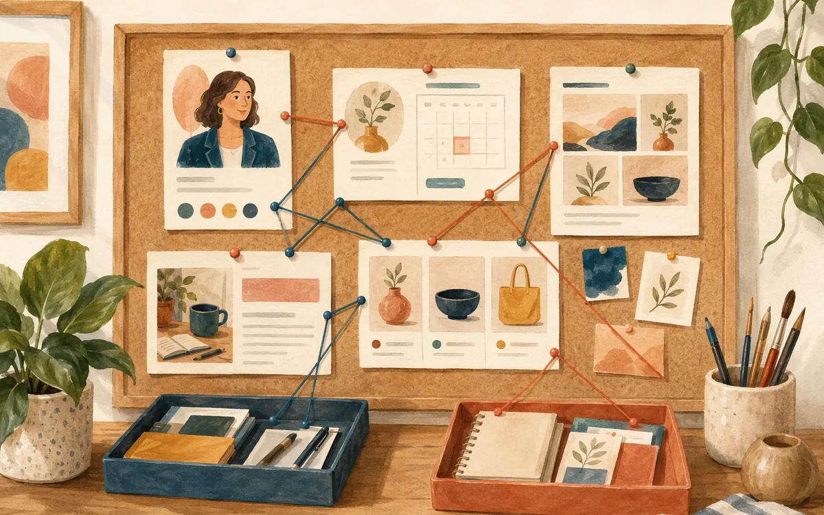 Editorial illustration of small-business website use cases arranged on a pinboard.