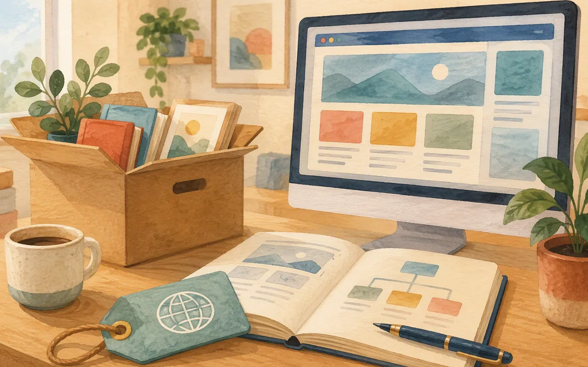 Editorial illustration representing domains, website content, and planning for a future platform move.