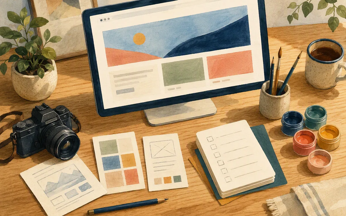 Editorial illustration of refining an AI-generated website draft into a branded marketing page.