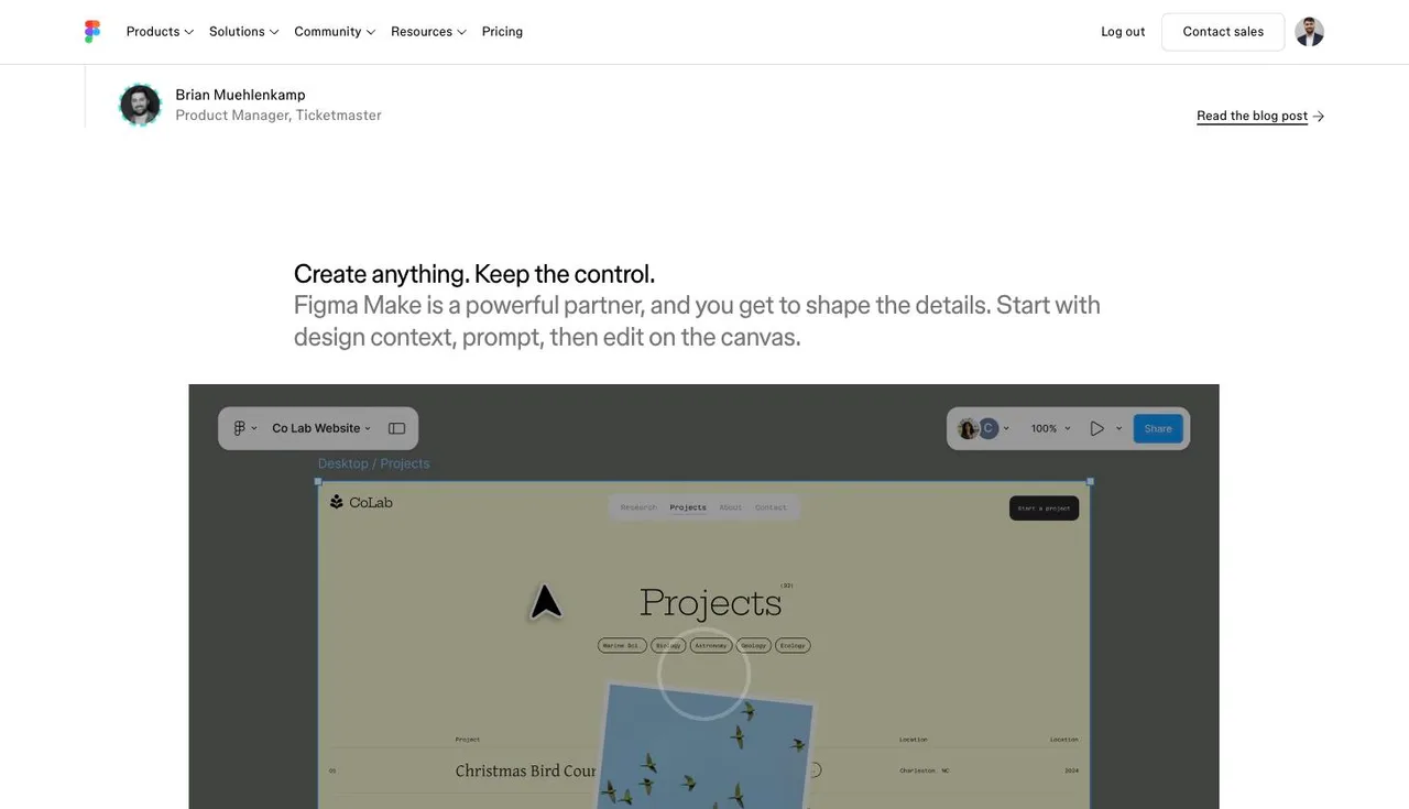 Figma Make's canvas showing a generated project titled Co Lab Website, with the breadcrumb reading Desktop / Projects