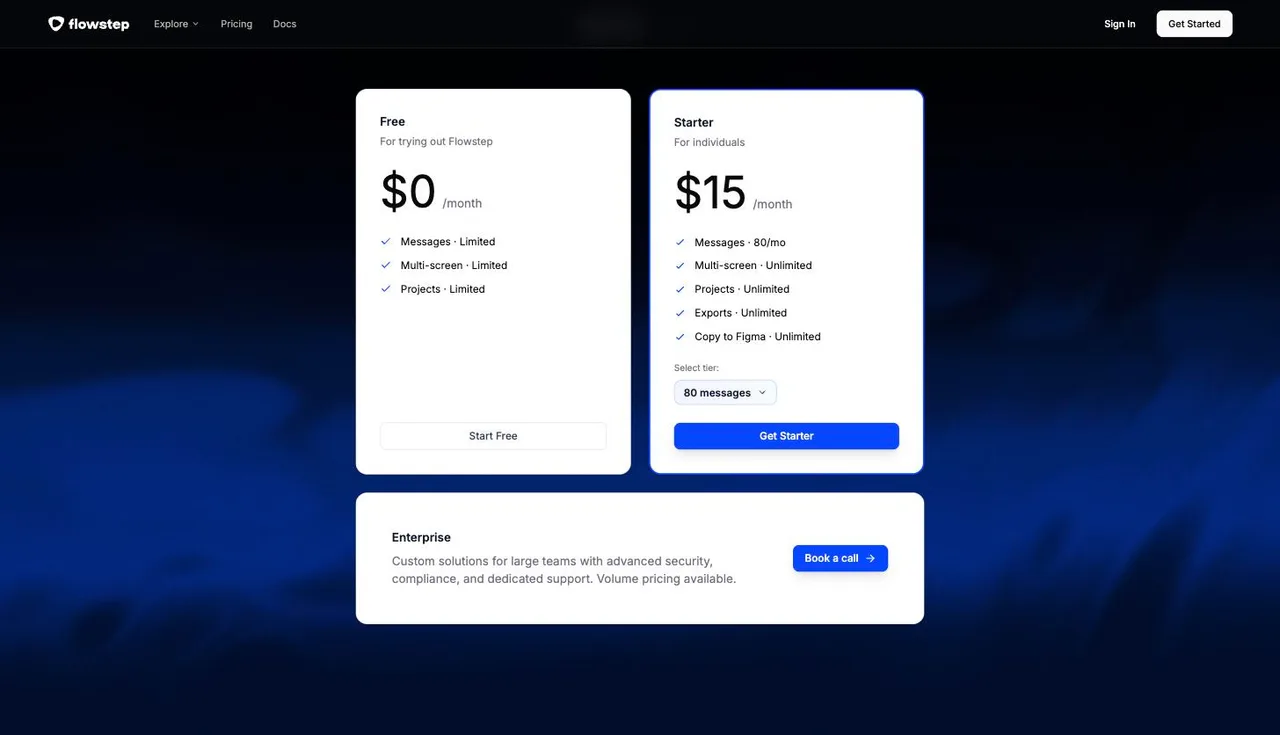 Flowstep's pricing page: a free plan at $0 a month with limited messages, multi-screen and projects, and a Starter plan at $15 a month with 80 messages, unlimited multi-screen, projects, exports and Copy to Figma
