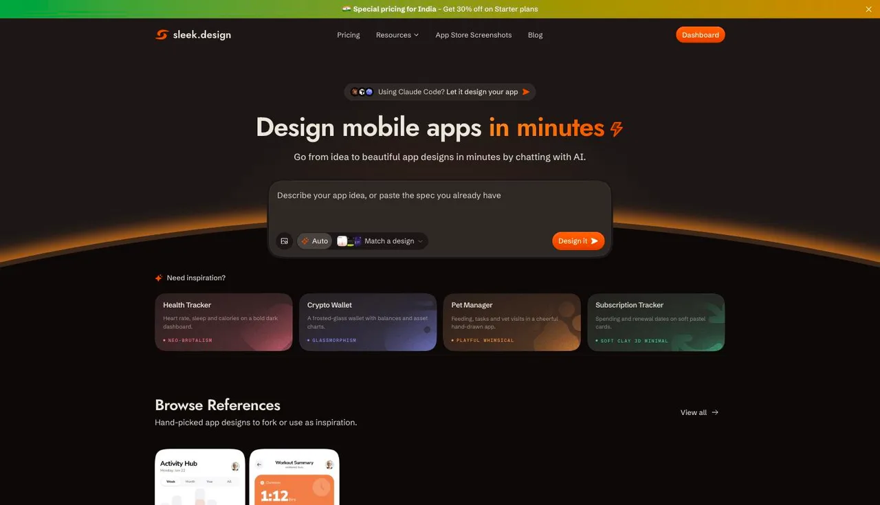 Sleek's homepage: a prompt box reading 'Describe your app idea, or paste the spec you already have', with inspiration cards for a health tracker, crypto wallet, pet manager and subscription tracker