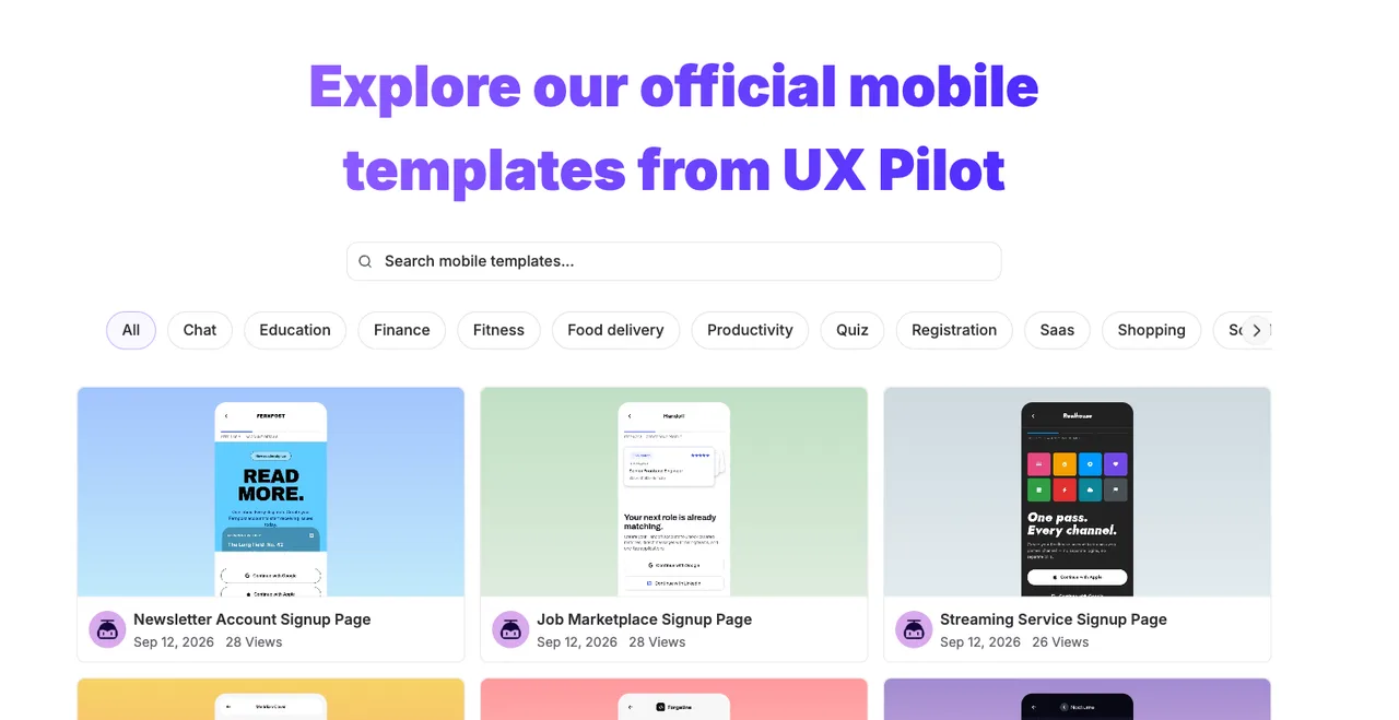 UX Pilot's mobile template gallery showing signup screens for newsletter, job marketplace and streaming apps, with category filters