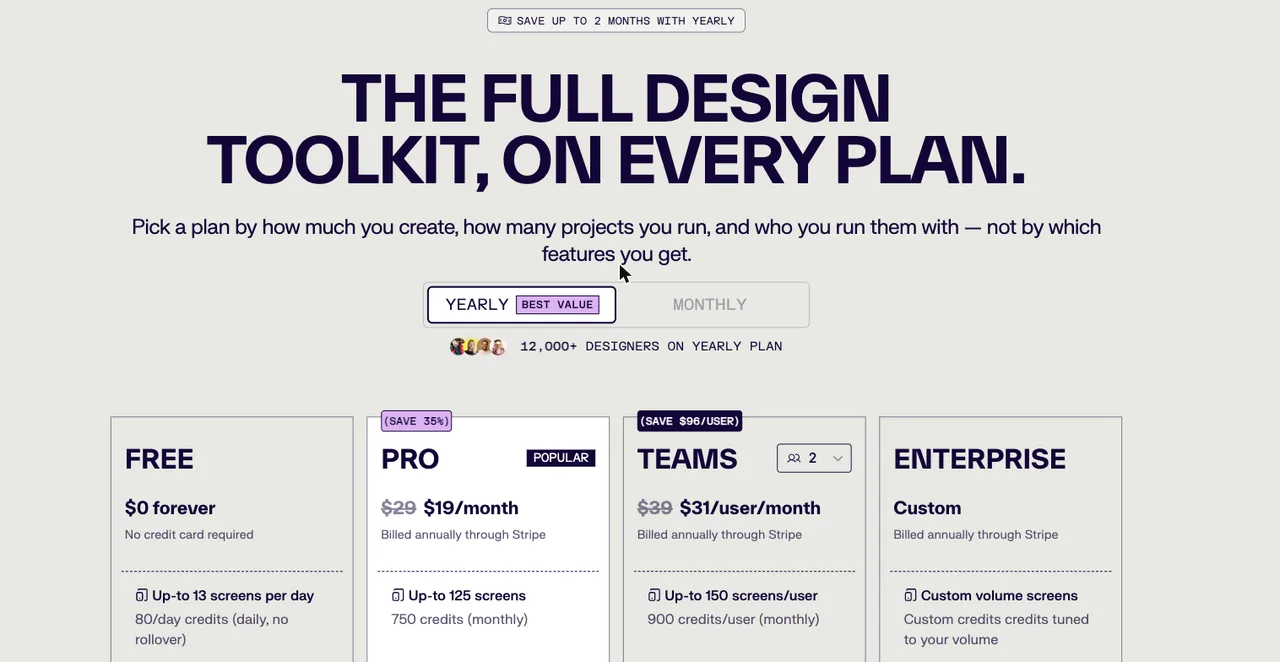 UX Pilot pricing plans: Free at $0, Pro at $19 per month billed annually, Teams at $31 per user per month, and a custom Enterprise tier