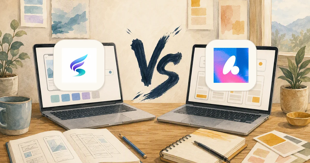floow.design versus Banani — two illustrated laptops on a studio desk with a painted VS between them, floow.design on the left and Banani on the right