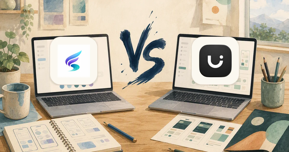 floow.design versus Uizard — two illustrated laptops on a studio desk with a painted VS between them, floow.design on the left and Uizard on the right