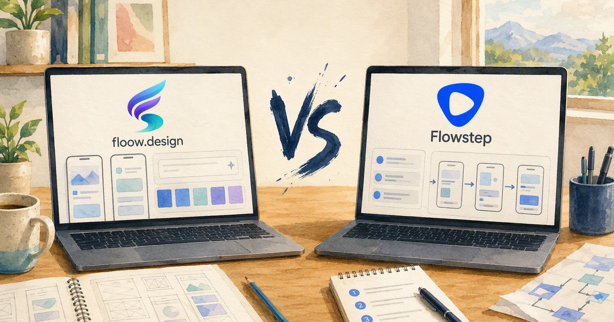 floow.design versus Flowstep — two illustrated laptops on a studio desk with a painted VS between them, floow.design on the left and Flowstep on the right