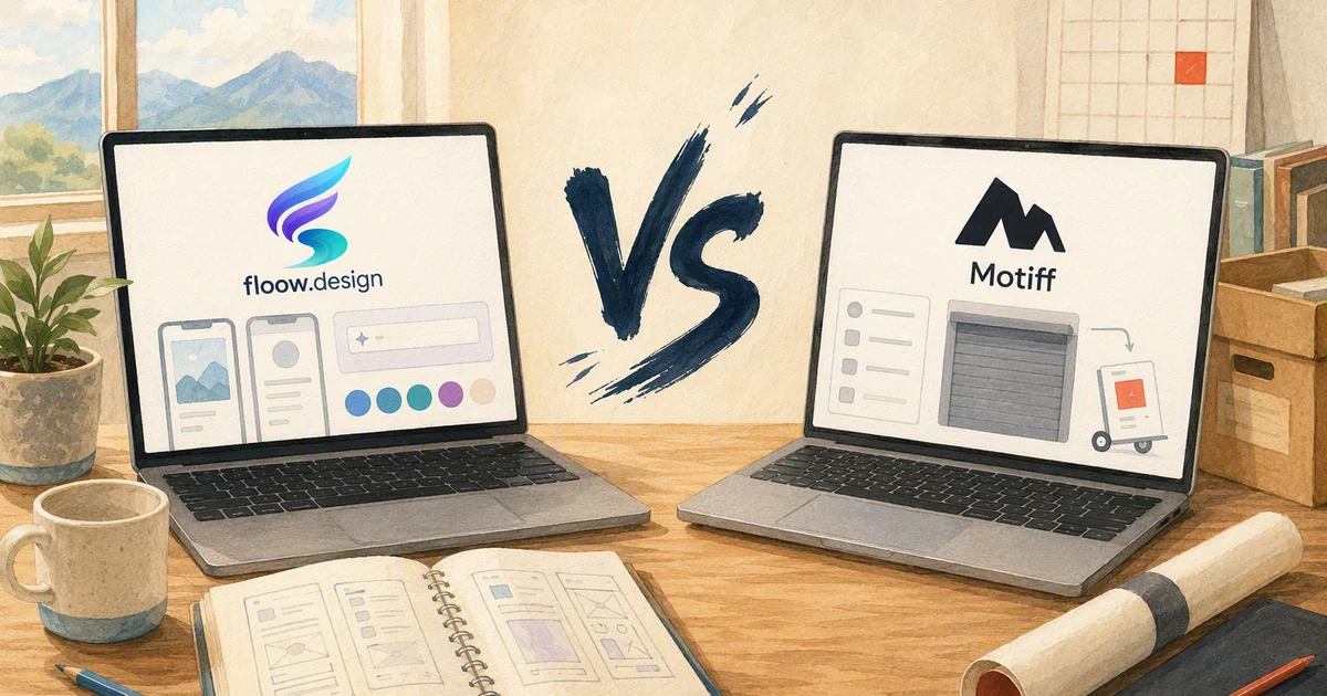 floow.design versus Motiff — two illustrated laptops on a studio desk with a painted VS between them, floow.design on the left and Motiff on the right