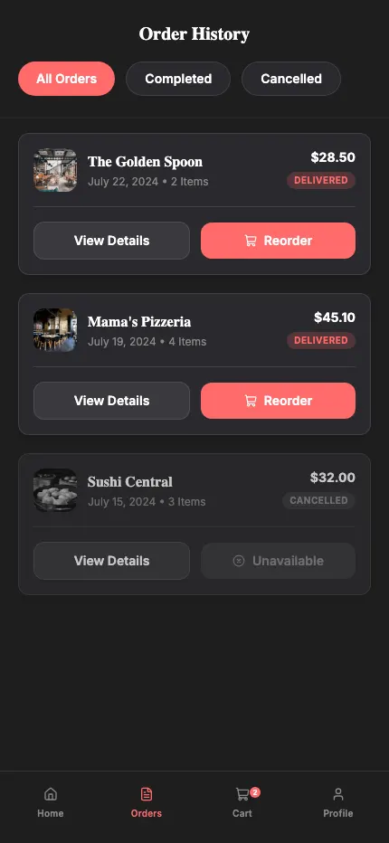 Order History Screen